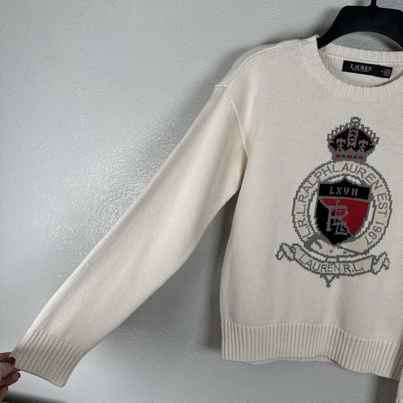 NEW Lauren Ralph Lauren Intarsia Knit Crest Cream Cotton Sweater Classic Medium - Picture 3 of 7